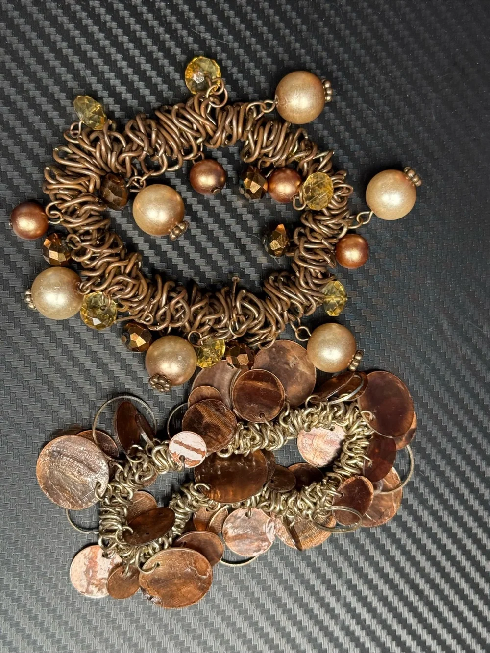 Vintage Copper Tone Boho Charm Bracelet Set Beaded Chunky Statement Lot